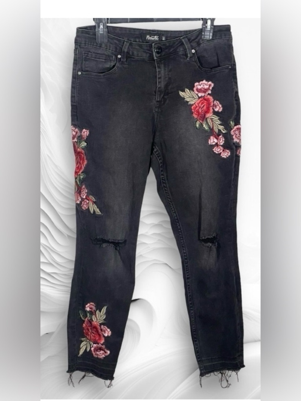 Nanette Lepore Broadway Crop Stretch Embroidered Floral Distressed Jean Size 12